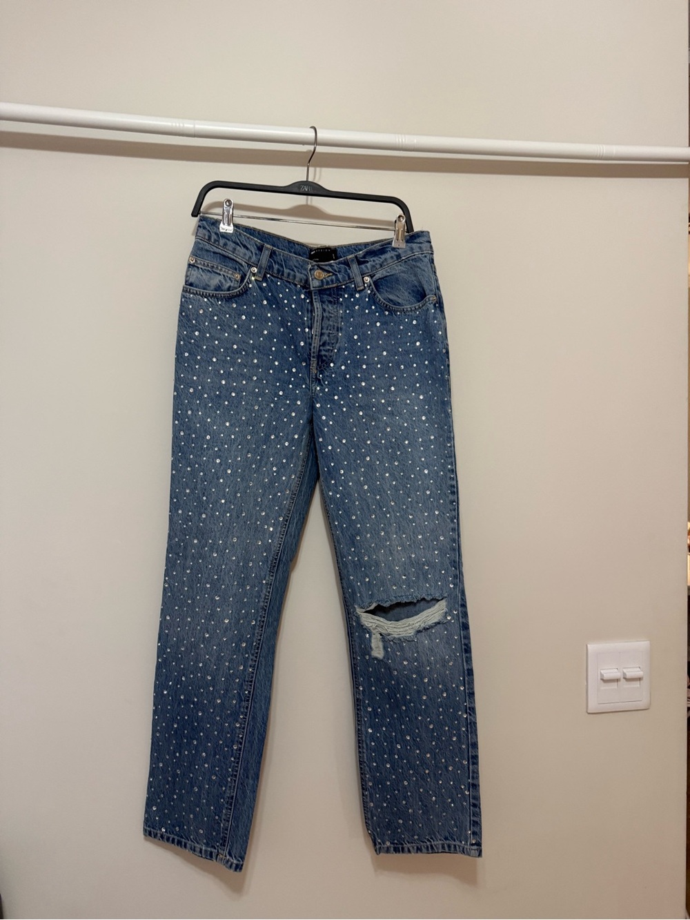 ASOS Blue Rhinestone-Studded Straight Leg Jeans - Picture 4 of 8